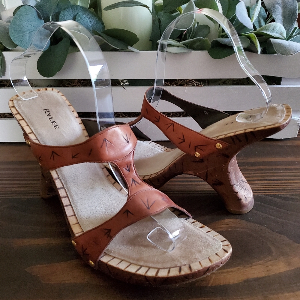 Rylee Wood Leather Heels Size 10 Y2K Handmade Unique Boho